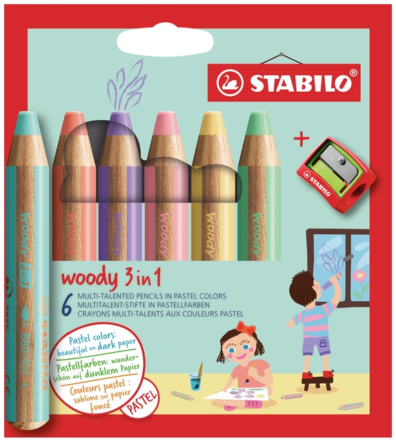 pastel crayons, houten potloden, 6 kleuren, 3 in 1, tekenset