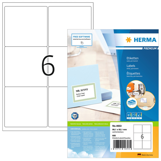 Etiket HERMA 4653 99.1x93,1mm premium wit 600stuks