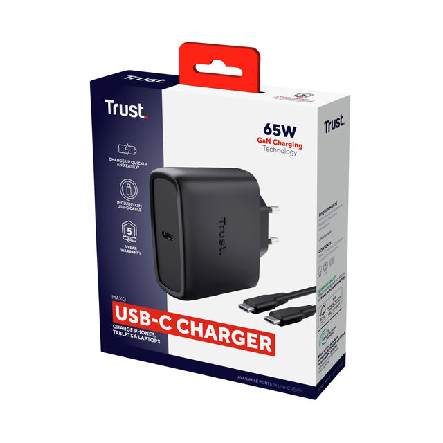 USB-C lader, 65W, GaN, USB-C, Wandlader