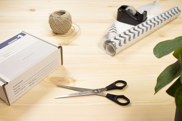 wand, scissors, tape, box, yarn