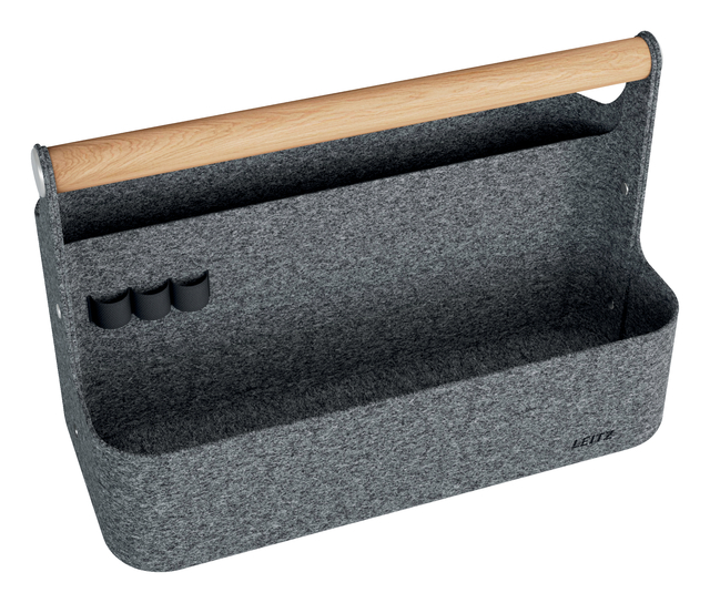 opbergmand, opbergbox, houtenhandvat, grijs fleece, opslagvakken