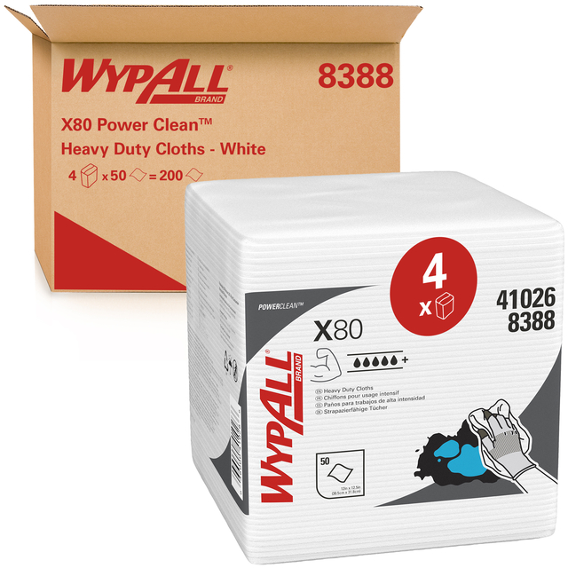 Poetsdoek WypAll X80 PowerClean 305x317mm 4x50vel wit 8388