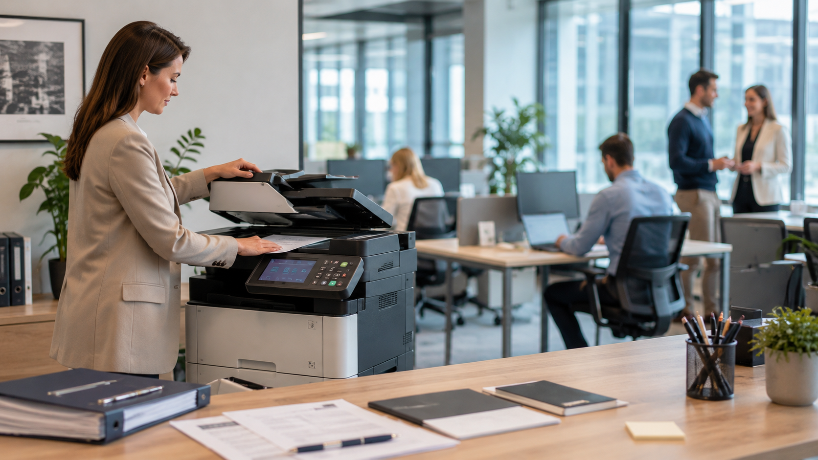Dame op kantoor scant een document