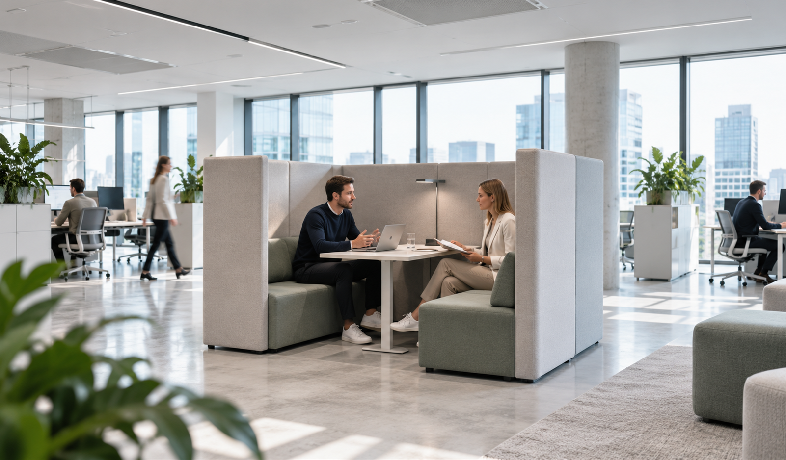 Twee collega's werken samen in een semi-open overlegplek voorzien van akoestische zitbanken met hoge rugleuningen.