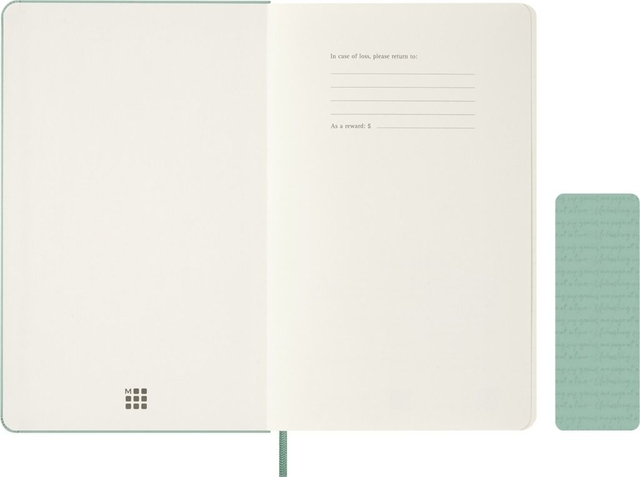 notebook, planner, open notebook, teal cover, elastic bookmark