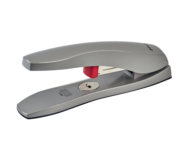 stapler, desk stapler, metal, silver, red staple