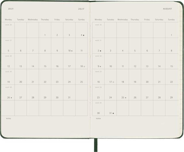 open notebook, twee pagina kalender, gereserveerde pagina's, dagelijkse planner, zakjournal