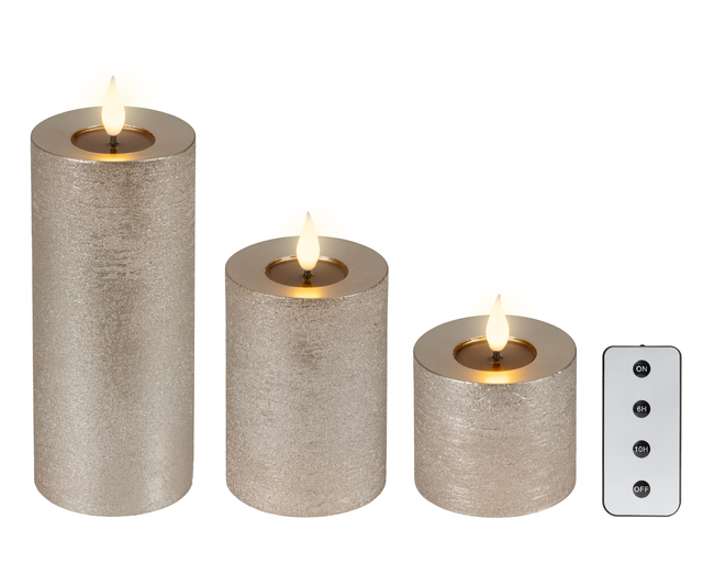 LED-kaarsen, set van drie, zilvergrijs, glitterafwerking, afstandsbediening
