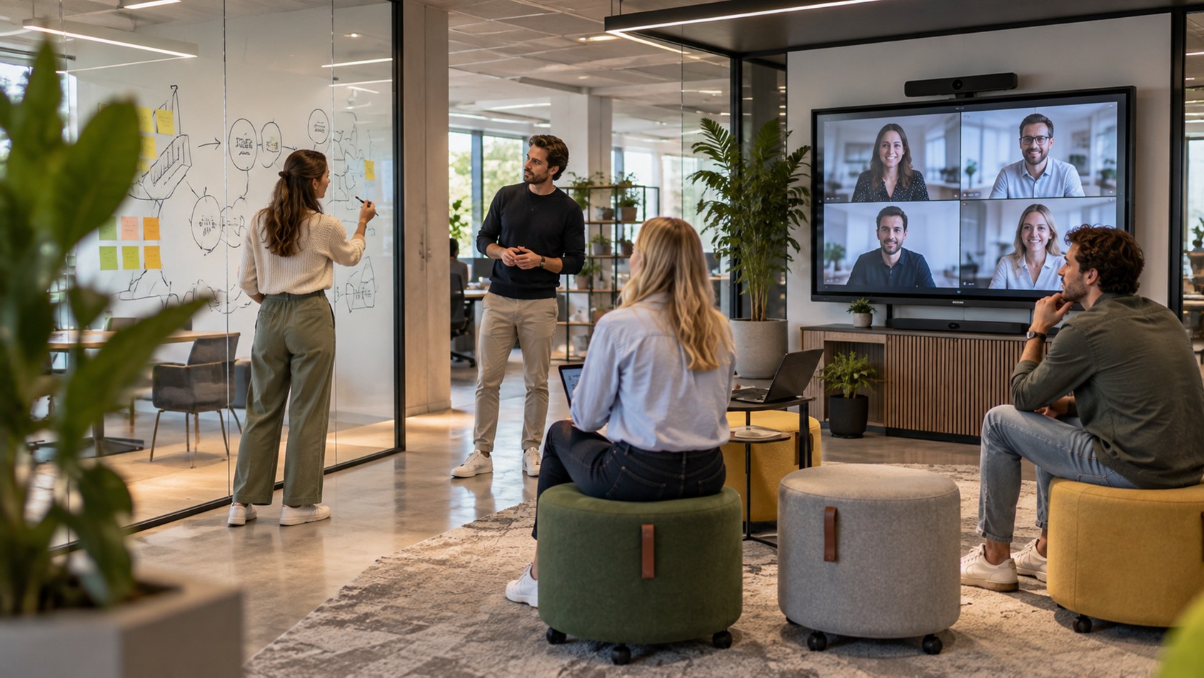 Een flexibele Agile projectruimte ingericht met een beschrijfbare wand, verrijdbare poefs en een groot scherm voor hybride videobellen.