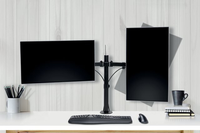 monitorarm, dubbele monitorhouder, bureauklem, verstelbare arm, zwart metaal