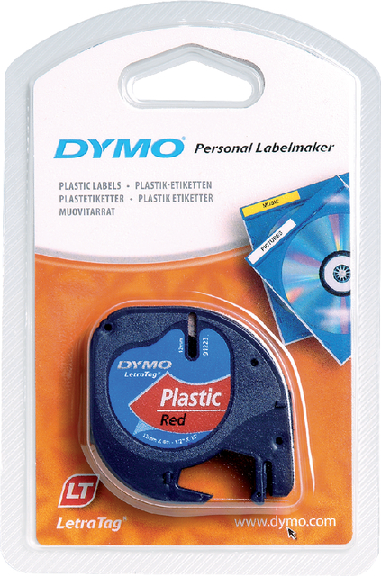 Labeltape Dymo LetraTag plastic 12mm zwart op rood
