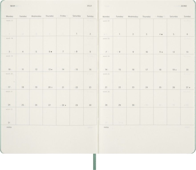 planner, calendar, open notebook, two-page, May 2027