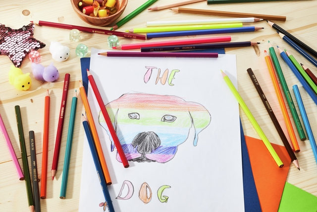 tekening, kleurpotloden, papier, schilderachtig, dog