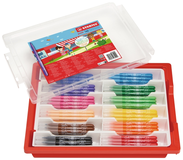 markers, kleurige markers, kantoorbenodigdheden, doorzichtige opbergdoos, doos met markers