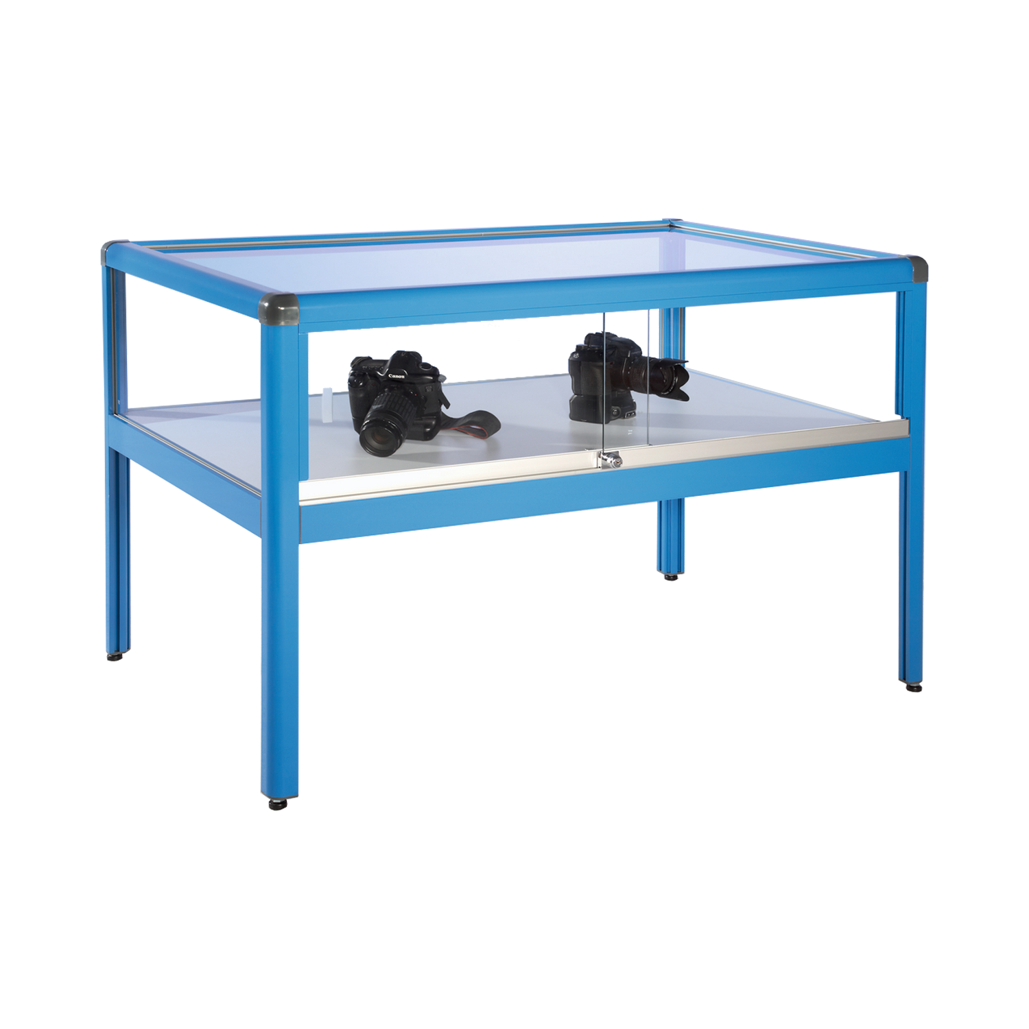 Tafelvitrine V8 gemaakt van aluminium en veiligheidsglas