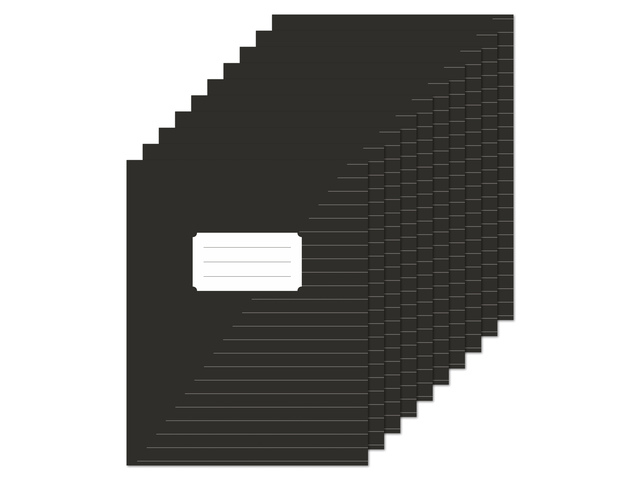 black folder, stapled edge, ring binder, card slot, flat folder