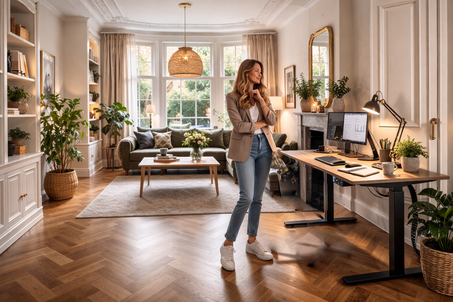 Dame is blij met haar bureau thuis