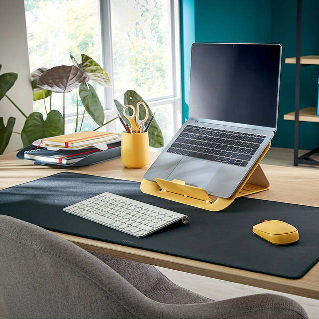 laptop stand, laptop, keyboard, mouse, desk setup