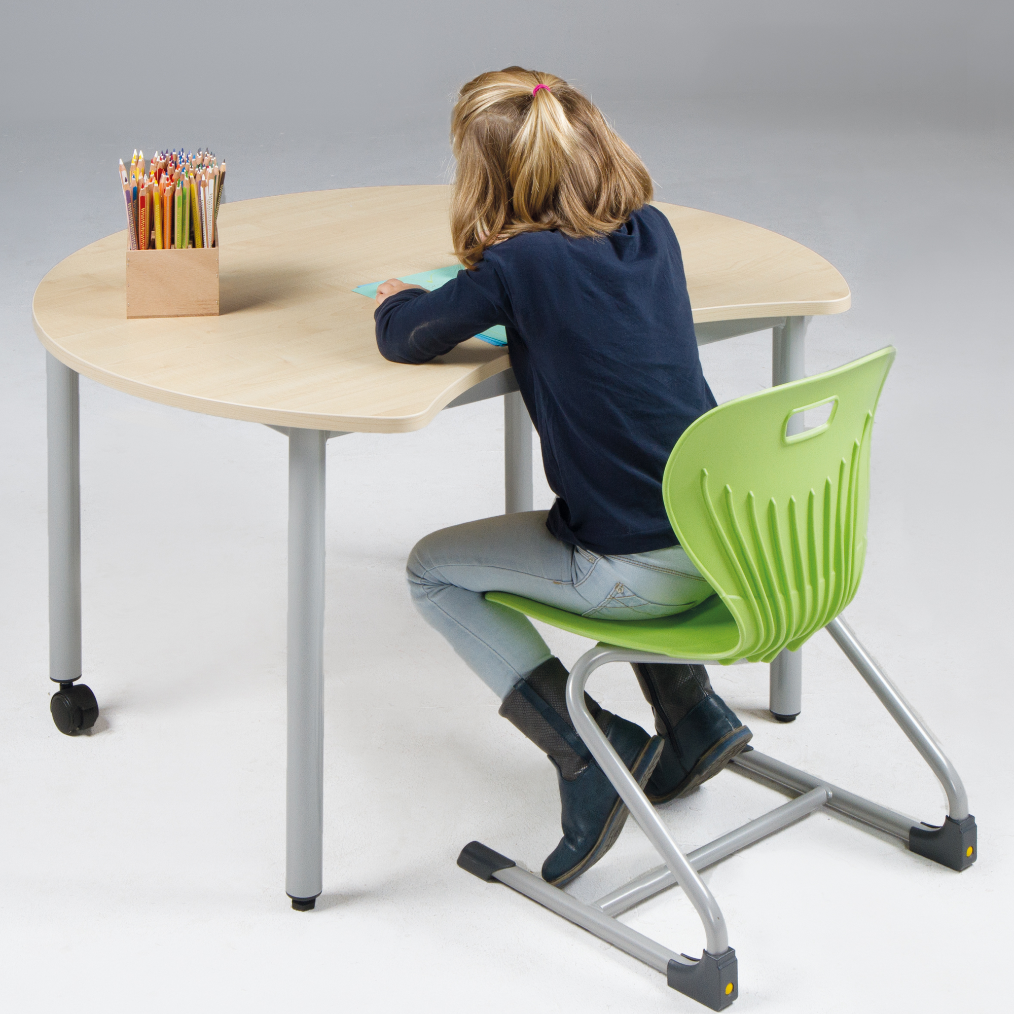 PAC-tafel met body-uitsparing, mobiele schooltafel met PowerSurf massief kernblad