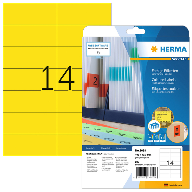 Etiket HERMA 5058 105x42.3mm verwijderbaar geel 280stuks