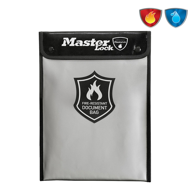 document bag, fire resistant, shield emblem, gray bag, zip pouch
