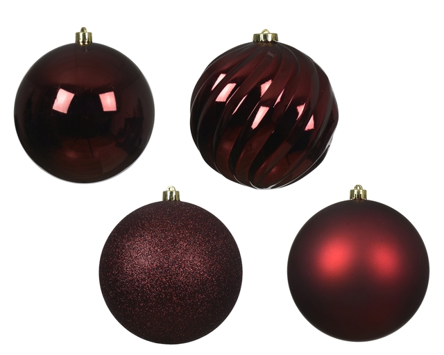 kerstballen, donkerrood, glanzend, mat, glitter