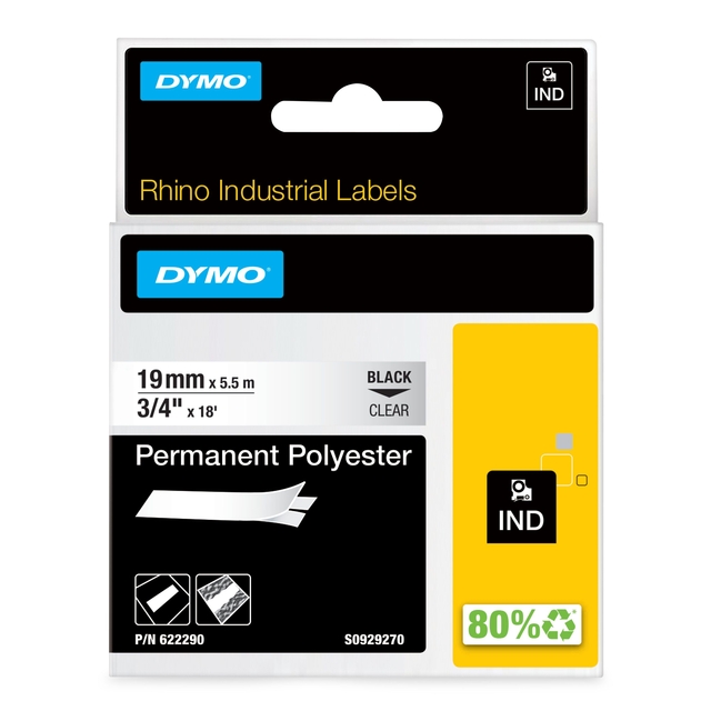 Rhino Labels, Permanent Polyester, 19mm x 5.5m, Black, Clear