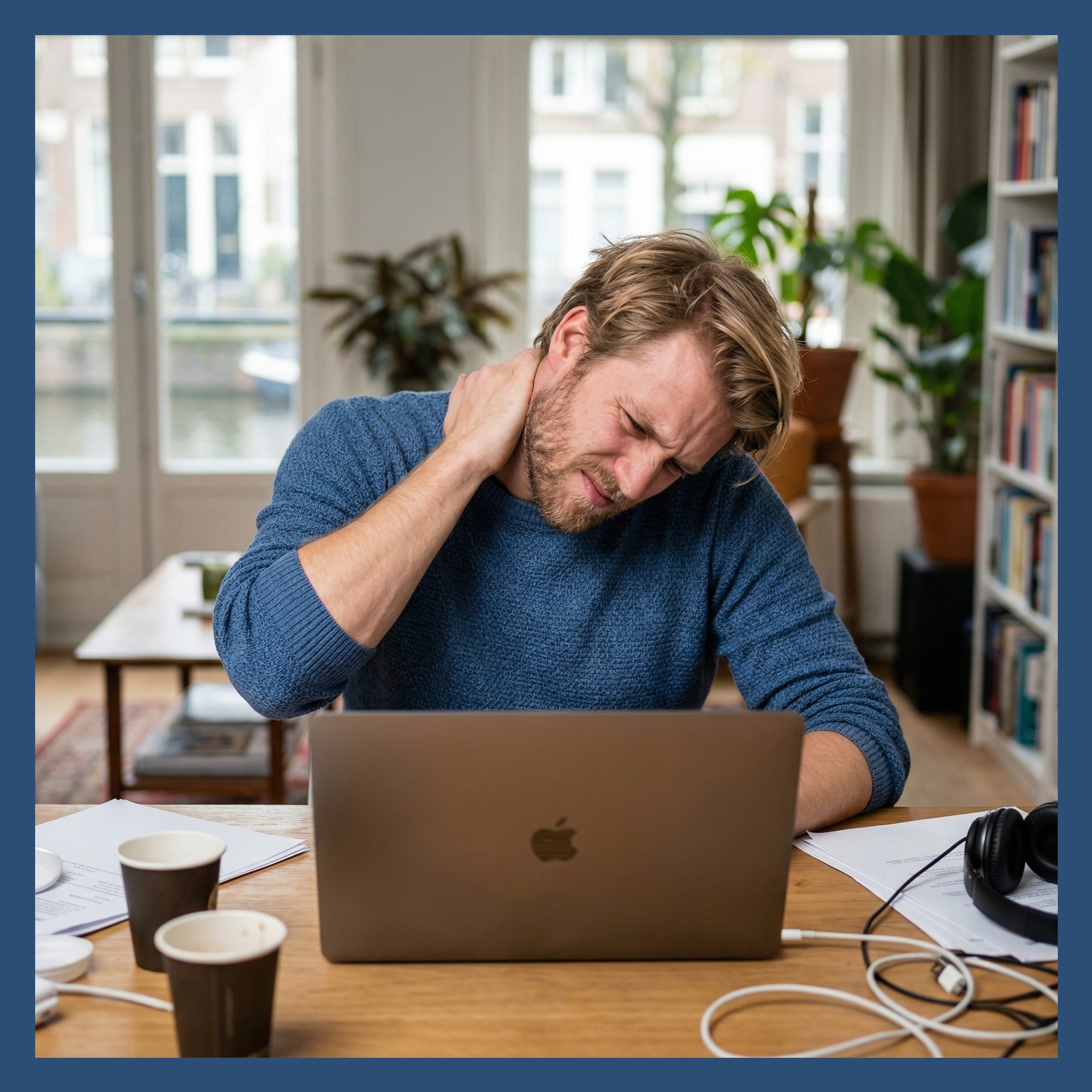 man, laptop, blauwe trui, thuis kantoor, nekpijn