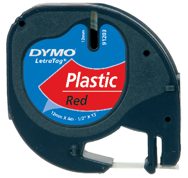 Labeltape Dymo LetraTag plastic 12mm zwart op rood