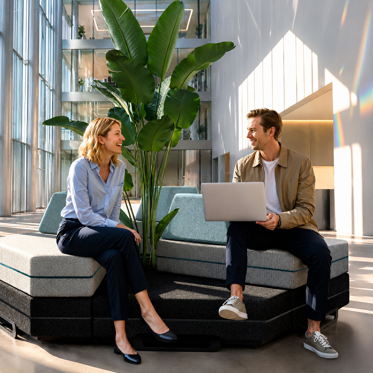 kantoor, lounge, laptop, planten, ontmoeten