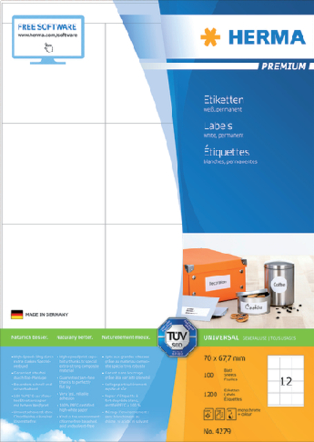 Etiket HERMA 4279 70x67.7mm premium wit 1200 stuks