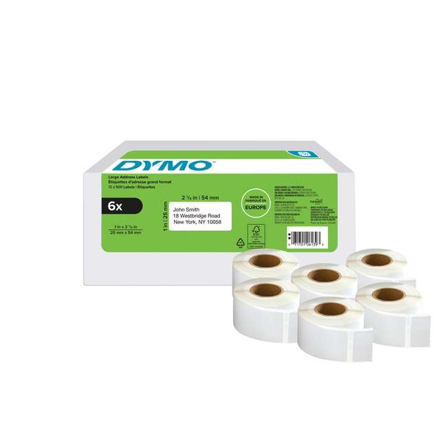 Etiket Dymo LabelWriter adressering 25x54mm 6 rollen á 500 stuks wit
