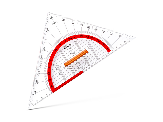 set square, triangle ruler, protractor, measuring tool, orange pencil