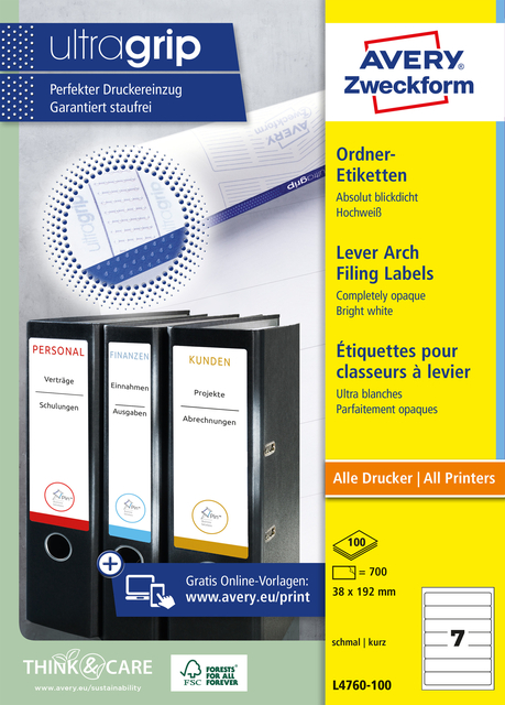 Rugetiket Avery smal 38x192mm zelfklevend wit 100 vel