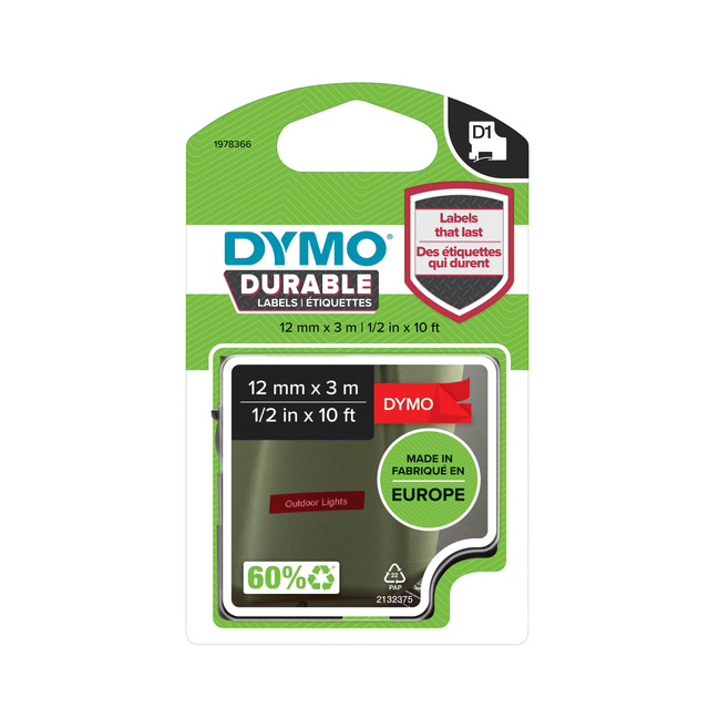 Labeltape Dymo LabelManager D1 polyester 12mm wit op rood