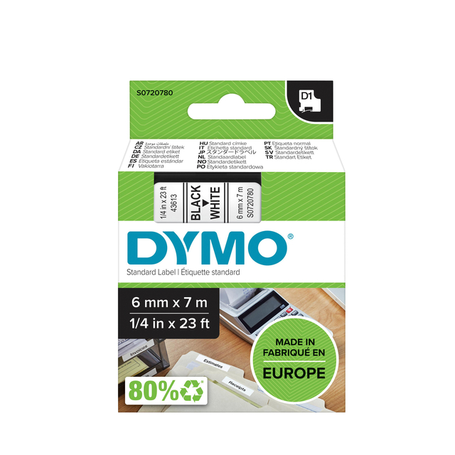 Labeltape Dymo LabelManager D1 polyester 6mm zwart op wit