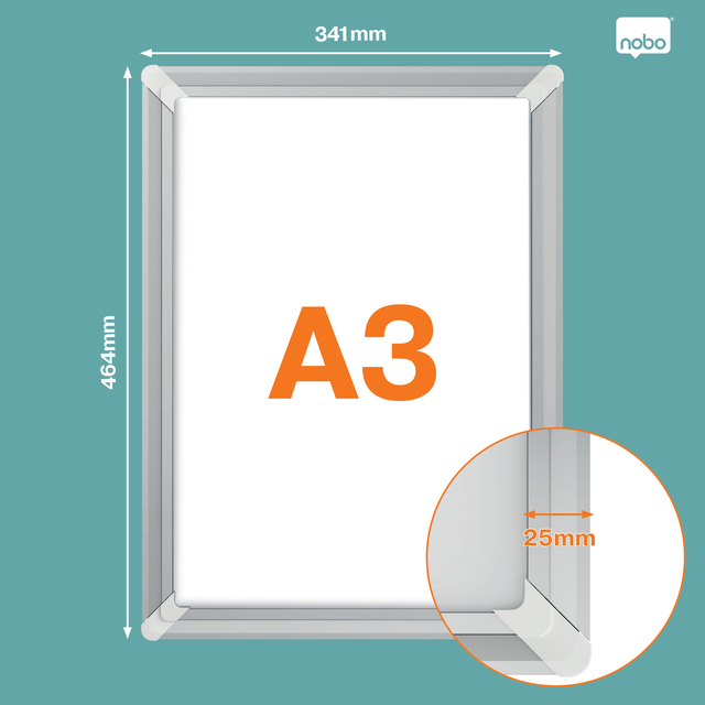 A3 poster, framed display, silver frame, document size, measurement 25mm edge