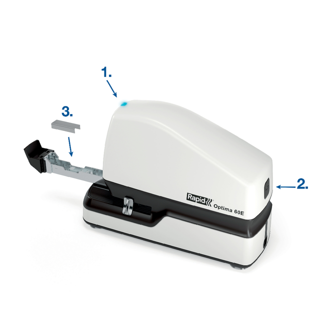 stapler, bureau-stapler, metal rail, blauwe LED, zilver plaat