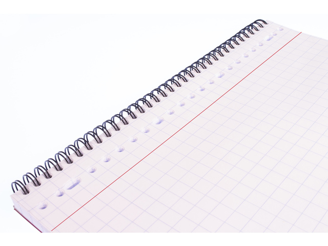 notitieblok, spiraalband, ruw papier, wkruis grid, lijn rood