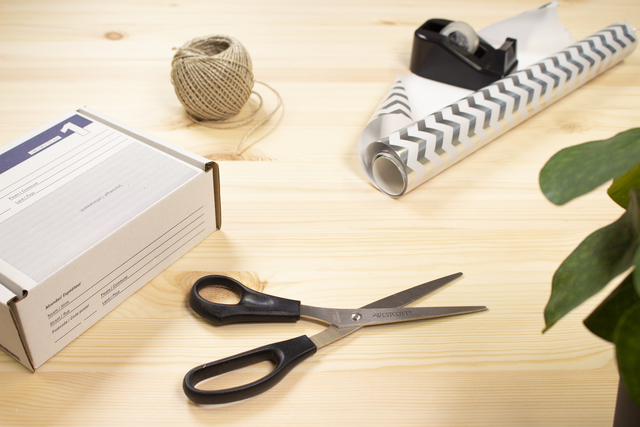 tape, koker, schaar, touw, verpakking