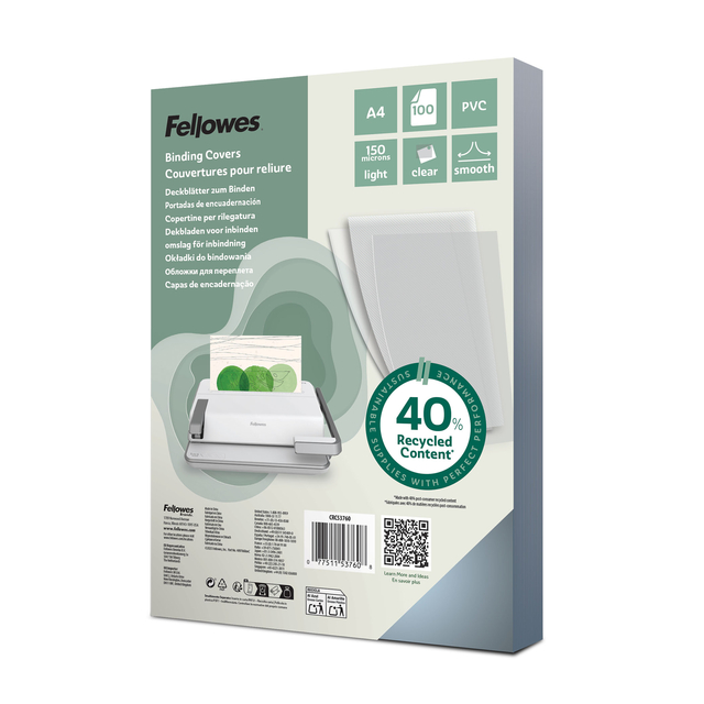 Voorblad Fellowes A4 PVC 150micron recycled 100 stuks