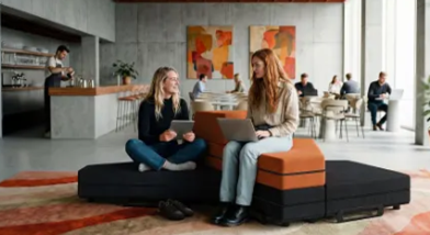 Twee dames praten zittend in oranje zwarte EAZE.TALK