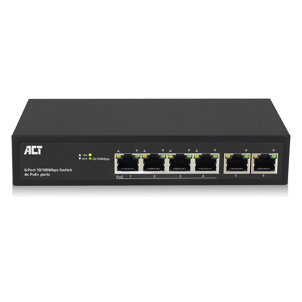 
ACT 6 poorts, netwerkswitch, 10/100Mbps. 4x PoE+ (30W) poorten
      