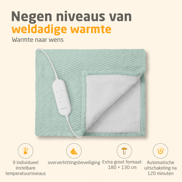 elektrische deken, mintgroen, quiltpatroon, negen warmtestanden, oververhittingsbeveiliging