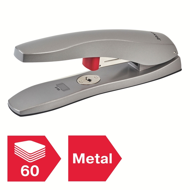 stapler, metal, silver, red lever, kantoor
