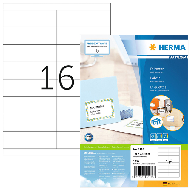 Etiket HERMA 4264 105x33.8mm premium wit 1600stuks