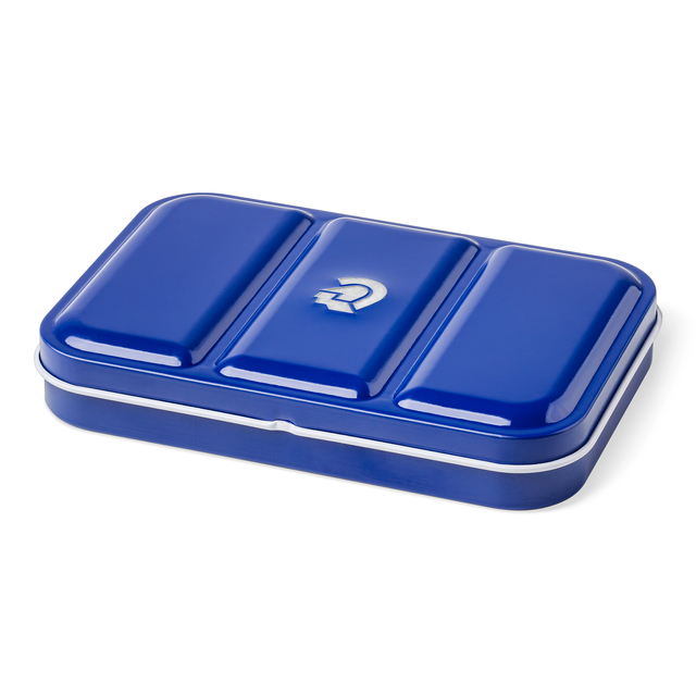 blauwe lunchbox, lunchbox drie vakken, metaal, bentobox, rvs sluiting