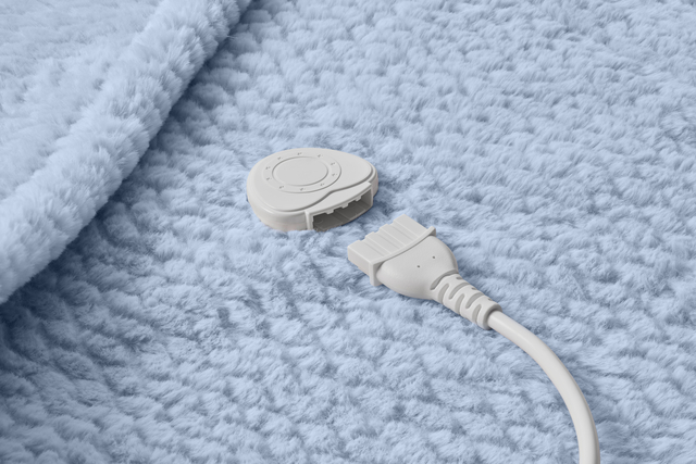 elektrische deken, fleece, grijs, stekker, bedieningsknop