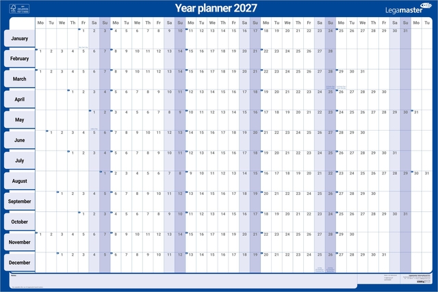 jaarplanner, kalender, 2027, blauw, maanden