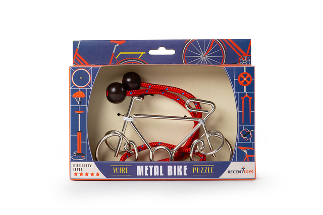 metal bike, wire puzzle, mini bike, red cord, chrome finish